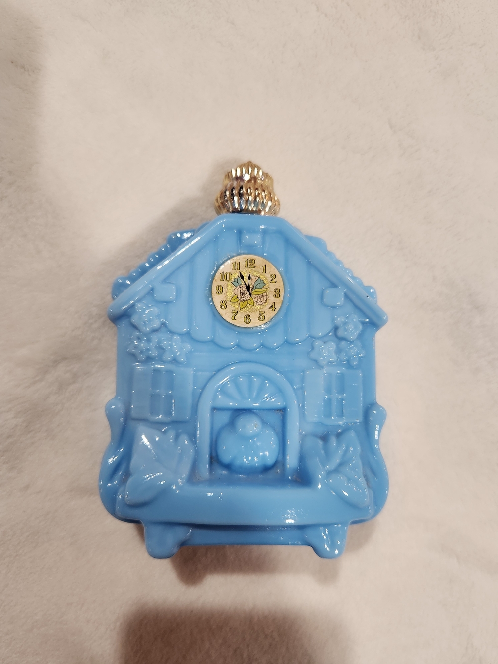 Avon Vintage Blue Milk Glass Enchanted Hour/Cuckoo Clock Cologne Bottle
